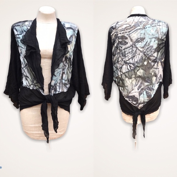 Vintage 80s Sheer Open Blouse Top Abstract Print L - Picture 1 of 11